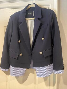 Dolce Cabo Navy Double-Breasted Blazer with Striped Hem Detail